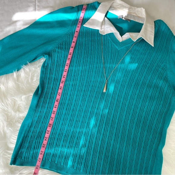 NY Collection Woman Teal Sweater Top Attached Collar & Silver Pendant Size 3X - Picture 11 of 12